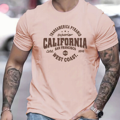 Vīriešu 100% kokvilnas sporta brīvā piegriezuma Kalifornijas rietumkrasta apdrukas T-krekla augšdaļa ar īsām piedurknēm