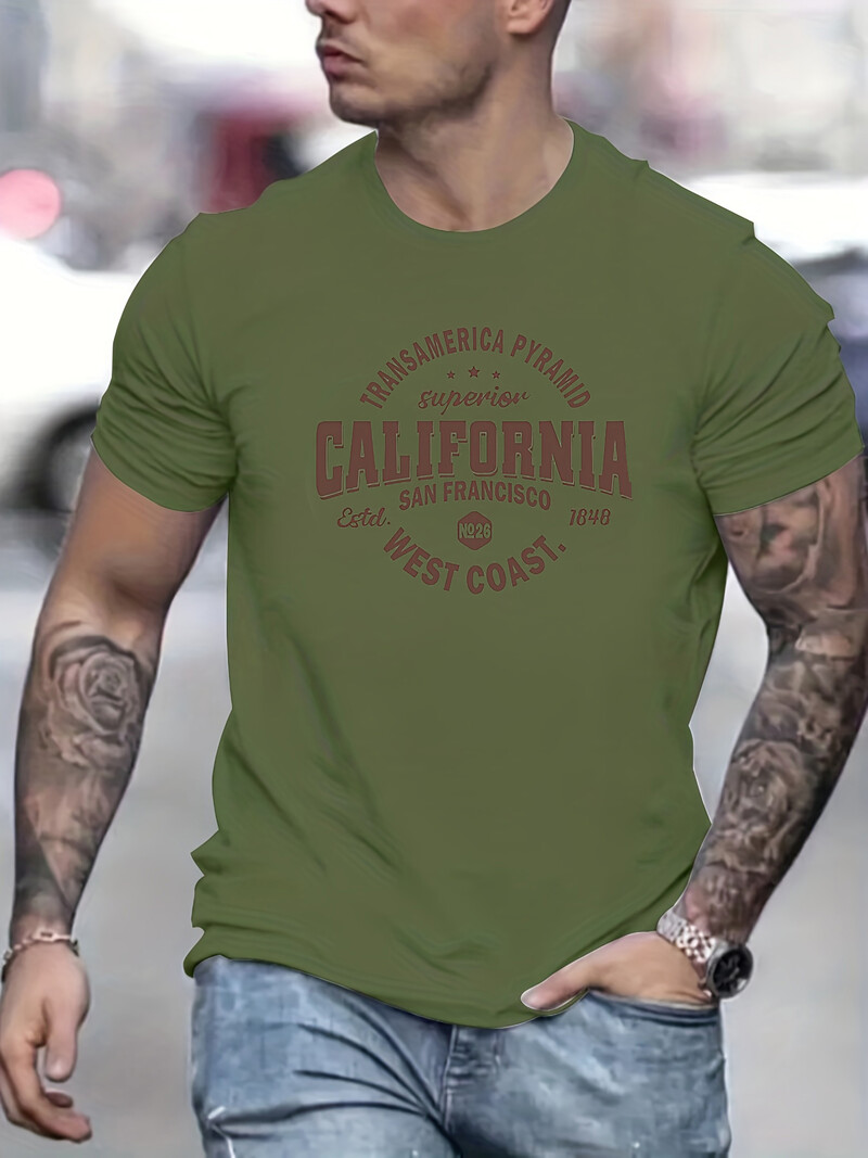 Vīriešu 100% kokvilnas sporta brīvā piegriezuma Kalifornijas rietumkrasta apdrukas T-krekla augšdaļa ar īsām piedurknēm