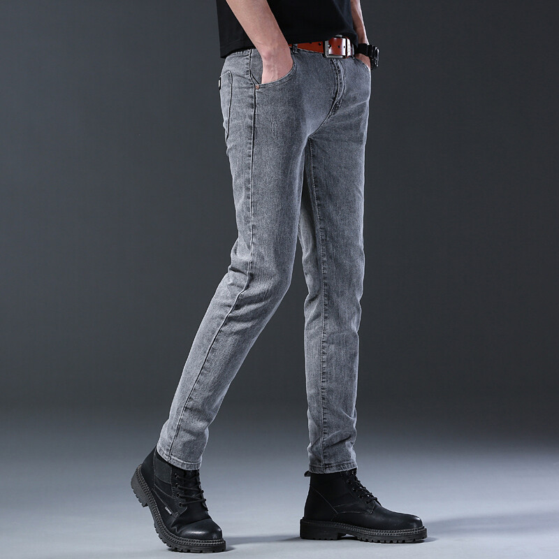 Novi stil traperica, muški uski kroj, korejski stil, udobne ravne elastične sive hlače srednjeg struka, muške ležerne traper hlače