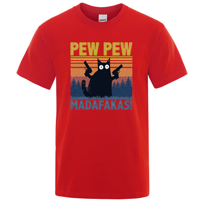 Pew Pew Madafakas Tkrekls Vīriešu ar īsām piedurknēm Jaunums Funny Cat T krekls Kokvilnas Oversize Topi Krekli T-krekls T-krekls Crew Neck Street Wear