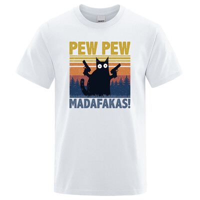 Pew Pew Madafakas Tkrekls Vīriešu ar īsām piedurknēm Jaunums Funny Cat T krekls Kokvilnas Oversize Topi Krekli T-krekls T-krekls Crew Neck Street Wear