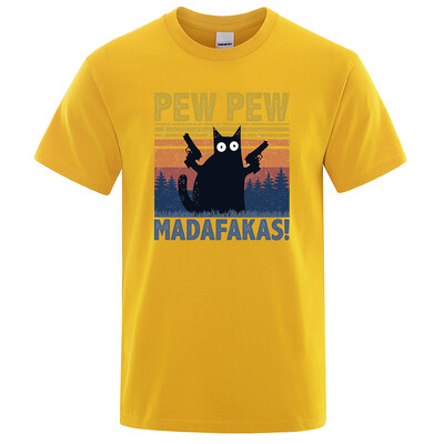 Pew Pew Madafakas Tkrekls Vīriešu ar īsām piedurknēm Jaunums Funny Cat T krekls Kokvilnas Oversize Topi Krekli T-krekls T-krekls Crew Neck Street Wear