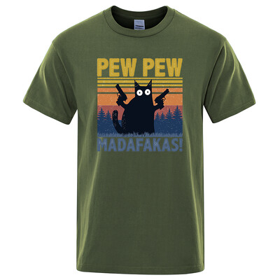 Pew Pew Madafakas Tkrekls Vīriešu ar īsām piedurknēm Jaunums Funny Cat T krekls Kokvilnas Oversize Topi Krekli T-krekls T-krekls Crew Neck Street Wear