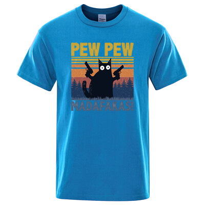 Pew Pew Madafakas Tkrekls Vīriešu ar īsām piedurknēm Jaunums Funny Cat T krekls Kokvilnas Oversize Topi Krekli T-krekls T-krekls Crew Neck Street Wear