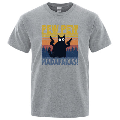 Pew Pew Madafakas Tkrekls Vīriešu ar īsām piedurknēm Jaunums Funny Cat T krekls Kokvilnas Oversize Topi Krekli T-krekls T-krekls Crew Neck Street Wear