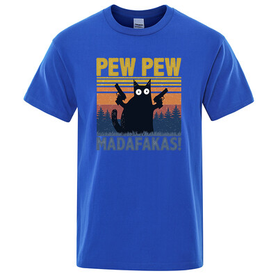 Pew Pew Madafakas Tkrekls Vīriešu ar īsām piedurknēm Jaunums Funny Cat T krekls Kokvilnas Oversize Topi Krekli T-krekls T-krekls Crew Neck Street Wear