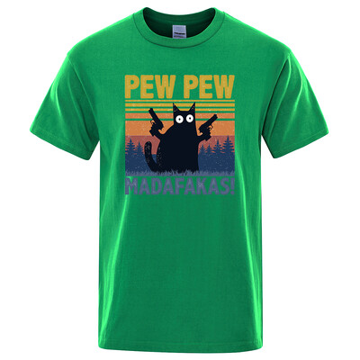 Pew Pew Madafakas Tkrekls Vīriešu ar īsām piedurknēm Jaunums Funny Cat T krekls Kokvilnas Oversize Topi Krekli T-krekls T-krekls Crew Neck Street Wear