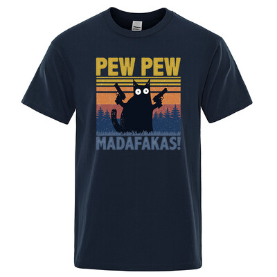 Pew Pew Madafakas Tkrekls Vīriešu ar īsām piedurknēm Jaunums Funny Cat T krekls Kokvilnas Oversize Topi Krekli T-krekls T-krekls Crew Neck Street Wear