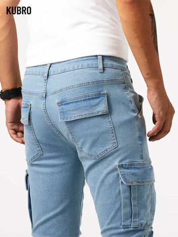 Street Elastic Jeans Ανδρικό τζιν παντελόνι Cargo Wash Μονόχρωμο με πολλές τσέπες Casual Παντελόνια στη μέση και λεπτή εφαρμογή καθημερινά Joggers