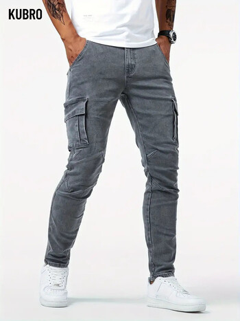 Street Elastic Jeans Ανδρικό τζιν παντελόνι Cargo Wash Μονόχρωμο με πολλές τσέπες Casual Παντελόνια στη μέση και λεπτή εφαρμογή καθημερινά Joggers