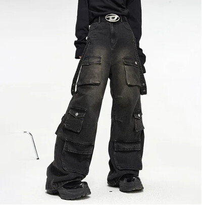 Ameerika stiilis lahtised hiphopi sirge sääre teksad, mitu taskut Trendikad vintage laia säärega püksid meestele tänavarõivad