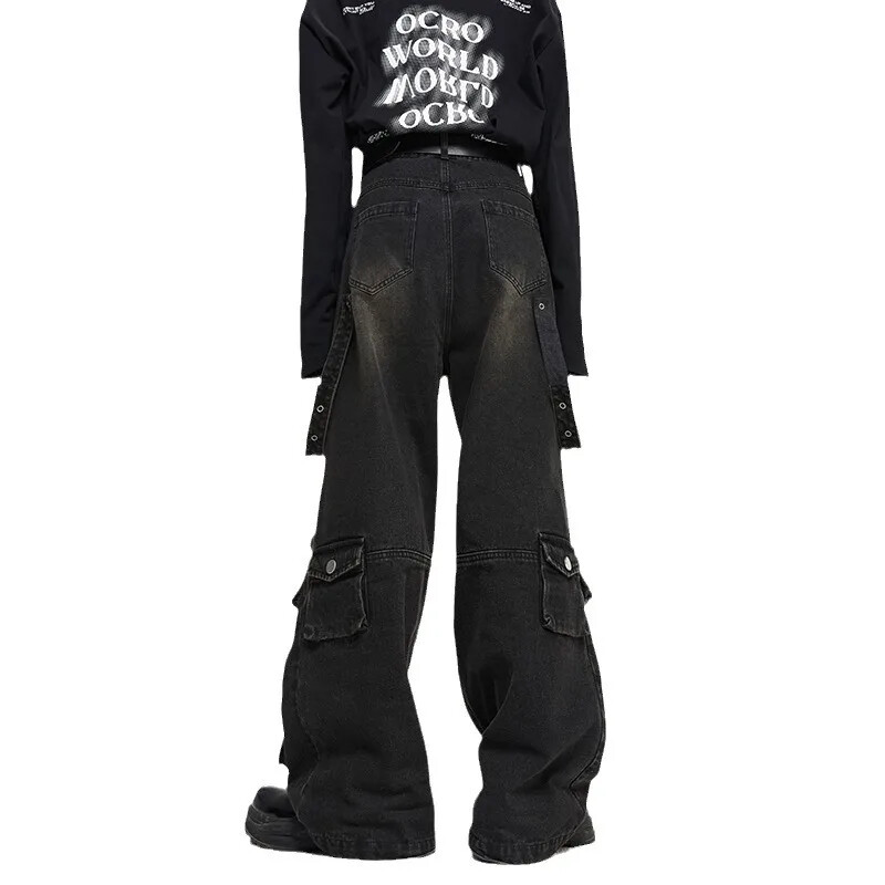 Ameerika stiilis lahtised hiphopi sirge sääre teksad, mitu taskut Trendikad vintage laia säärega püksid meestele tänavarõivad