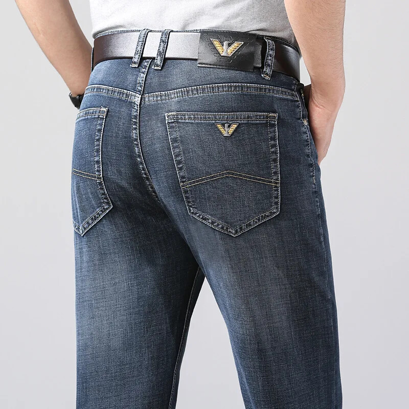 Moderni, Eiropas stila vīriešu džinsi, brīvi pieguļoši, taisni, elastīgi ikdienišķas bikses ar augstu vidukli 2022. gada pavasara vasarai