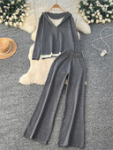 SINGREINY Ежедневни плетени свободни костюми от 2 бр. Дамски пуловер с дълъг ръкав и качулка + плътни широки панталони 2024 Най-новите есенни модни комплекти