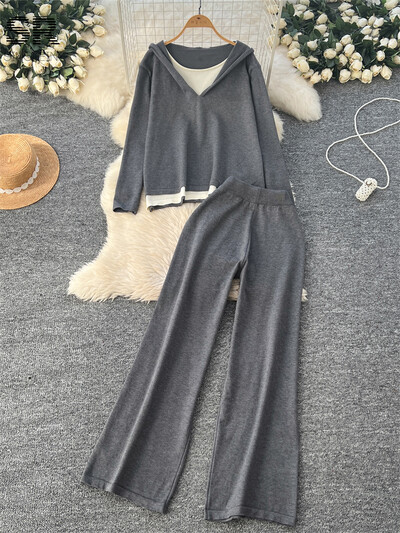 SINGREINY Ежедневни плетени свободни костюми от 2 бр. Дамски пуловер с дълъг ръкав и качулка + плътни широки панталони 2024 Най-новите есенни модни комплекти