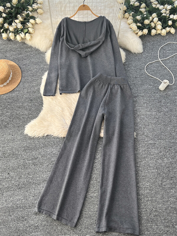 SINGREINY Ежедневни плетени свободни костюми от 2 бр. Дамски пуловер с дълъг ръкав и качулка + плътни широки панталони 2024 Най-новите есенни модни комплекти