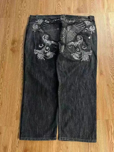 Amerikāņu retro mazgātas ar burtiem savienotas džinsa bikses, moderns zīmols, brīvas, taisnas garās bikses