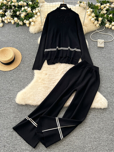 SINGREINY rudens ikdienišķs brīvs adījums 2gab uzvalks sievietēm ar bruņurupuču džemperi + platas bikses ziemas modes biezi džemperu komplekti