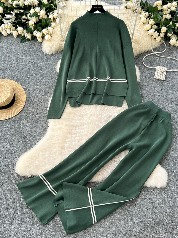 SINGREINY rudens ikdienišķs brīvs adījums 2gab uzvalks sievietēm ar bruņurupuču džemperi + platas bikses ziemas modes biezi džemperu komplekti