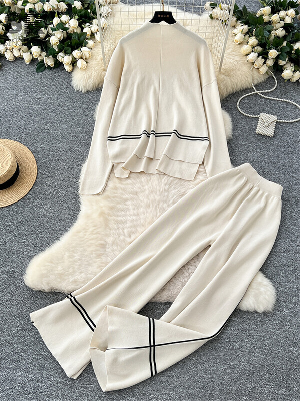 SINGREINY rudens ikdienišķs brīvs adījums 2gab uzvalks sievietēm ar bruņurupuču džemperi + platas bikses ziemas modes biezi džemperu komplekti