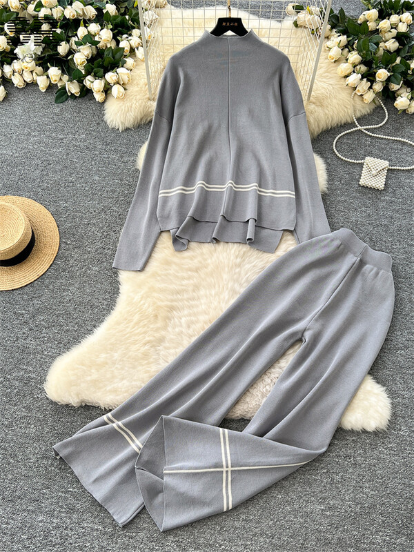 SINGREINY rudens ikdienišķs brīvs adījums 2gab uzvalks sievietēm ar bruņurupuču džemperi + platas bikses ziemas modes biezi džemperu komplekti