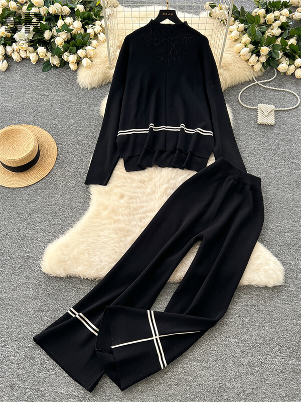 SINGREINY rudens ikdienišķs brīvs adījums 2gab uzvalks sievietēm ar bruņurupuču džemperi + platas bikses ziemas modes biezi džemperu komplekti