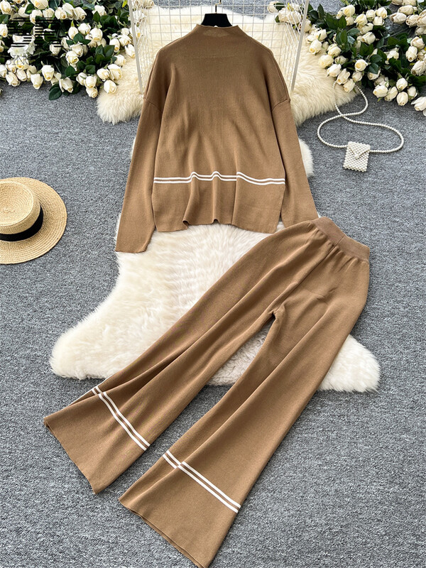 SINGREINY rudens ikdienišķs brīvs adījums 2gab uzvalks sievietēm ar bruņurupuču džemperi + platas bikses ziemas modes biezi džemperu komplekti