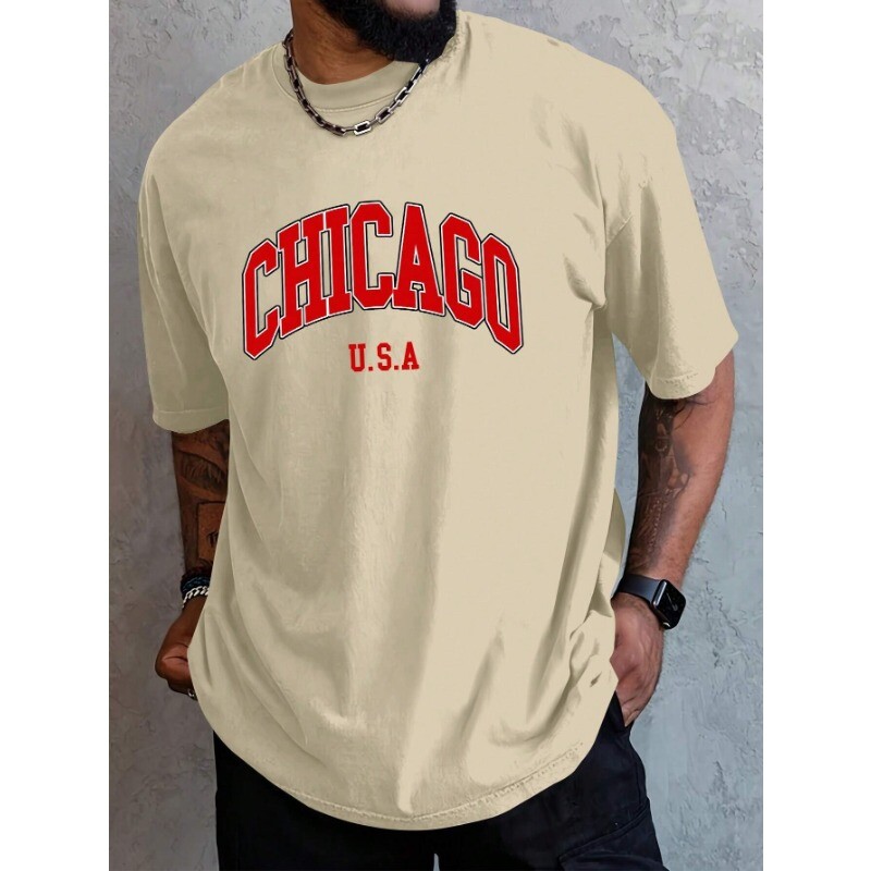 Meeste suvine CHICAGO kirjatrükiga vabaaja puuvillane T-särk Moodne ümara kaelusega lühikeste varrukatega avara suur paari tänava T-särk