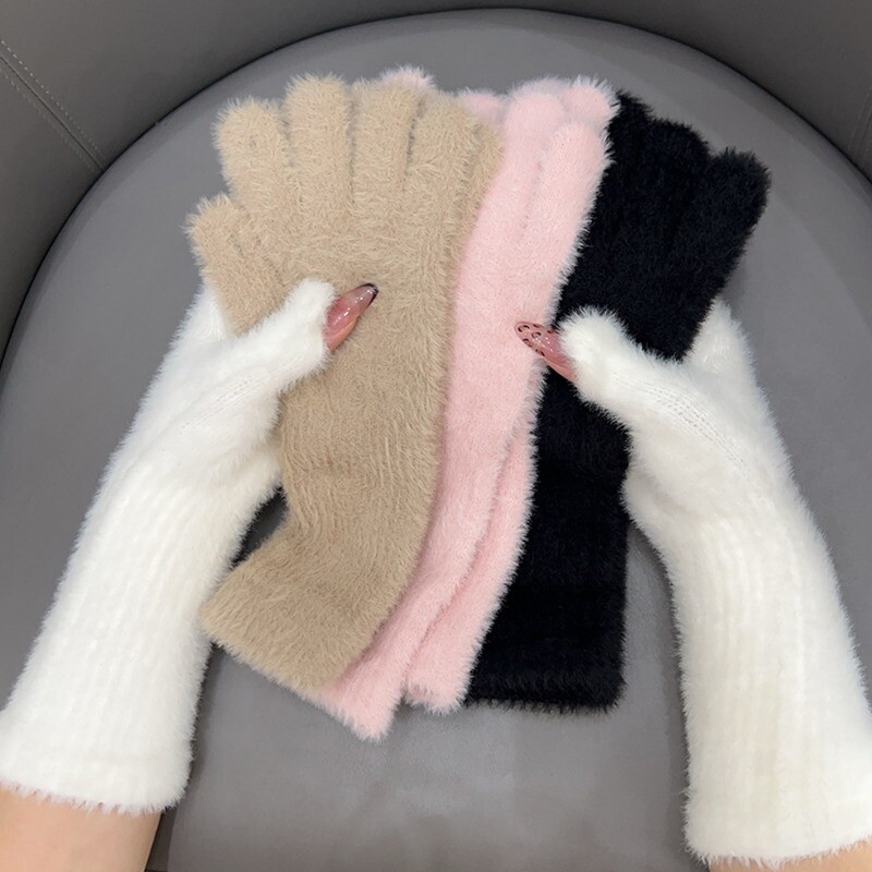 Sieviešu plīša garie piecu pirkstu cimdi ūdeles samta ziemas aukstumizturīgi elastīgi mīksti pilni pirksti dūraiņi vienkrāsaini modes cimdi dāvana