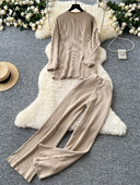 SINGREINY rudens ikdienišķs divu gabalu uzvalks sievietēm, džemperis ar šķeltu kaklu + platas garas bikses 2024. gada korejiešu stila viengabalains adīšanas komplekts