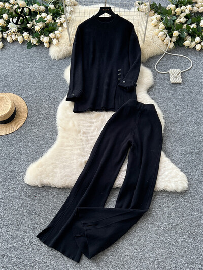 SINGREINY rudens ikdienišķs divu gabalu uzvalks sievietēm, džemperis ar šķeltu kaklu + platas garas bikses 2024. gada korejiešu stila viengabalains adīšanas komplekts