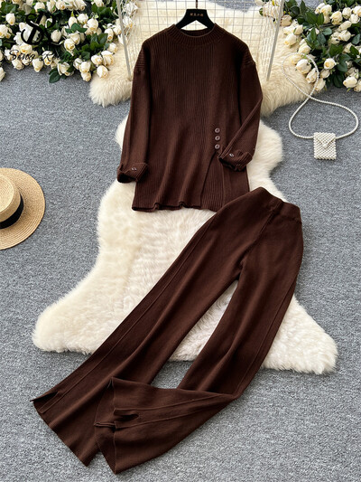 SINGREINY rudens ikdienišķs divu gabalu uzvalks sievietēm, džemperis ar šķeltu kaklu + platas garas bikses 2024. gada korejiešu stila viengabalains adīšanas komplekts