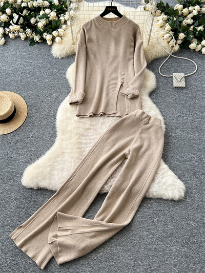 SINGREINY rudens ikdienišķs divu gabalu uzvalks sievietēm, džemperis ar šķeltu kaklu + platas garas bikses 2024. gada korejiešu stila viengabalains adīšanas komplekts