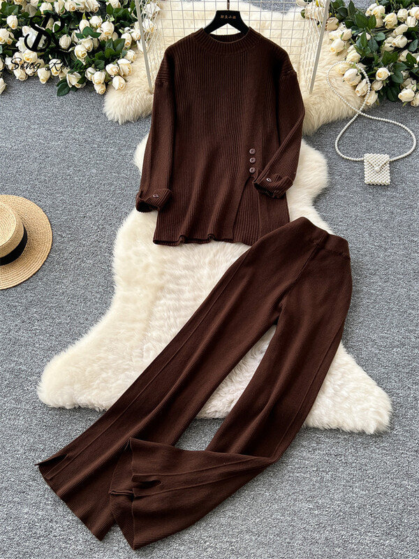 SINGREINY rudens ikdienišķs divu gabalu uzvalks sievietēm, džemperis ar šķeltu kaklu + platas garas bikses 2024. gada korejiešu stila viengabalains adīšanas komplekts