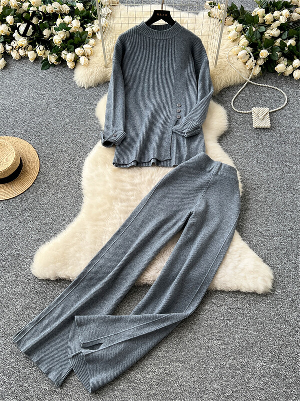 SINGREINY rudens ikdienišķs divu gabalu uzvalks sievietēm, džemperis ar šķeltu kaklu + platas garas bikses 2024. gada korejiešu stila viengabalains adīšanas komplekts