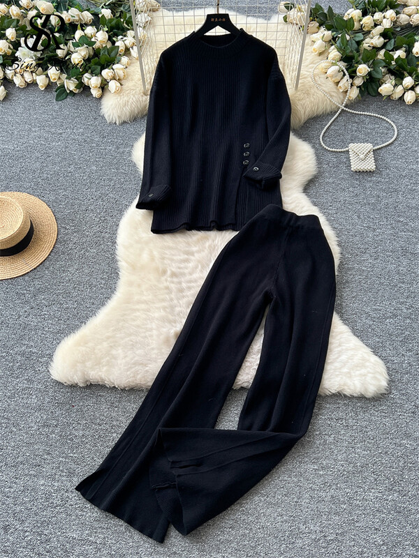 SINGREINY rudens ikdienišķs divu gabalu uzvalks sievietēm, džemperis ar šķeltu kaklu + platas garas bikses 2024. gada korejiešu stila viengabalains adīšanas komplekts