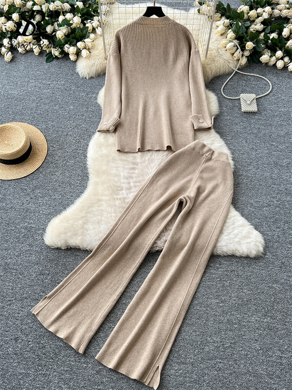 SINGREINY rudens ikdienišķs divu gabalu uzvalks sievietēm, džemperis ar šķeltu kaklu + platas garas bikses 2024. gada korejiešu stila viengabalains adīšanas komplekts