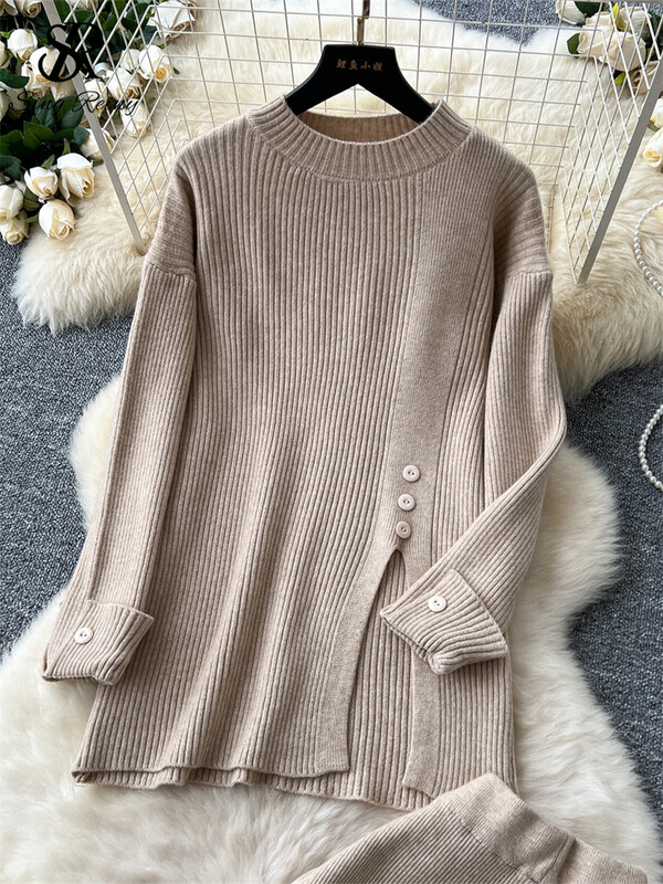 SINGREINY rudens ikdienišķs divu gabalu uzvalks sievietēm, džemperis ar šķeltu kaklu + platas garas bikses 2024. gada korejiešu stila viengabalains adīšanas komplekts