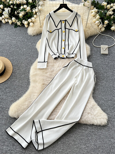 SINGREINY Senior OL Sieviešu divdaļīgi uzvalki, atloki, topi ar vienrindu + garas bikses ar augstu vidukli, vintage savārstījuma dizaina ziemas komplekti