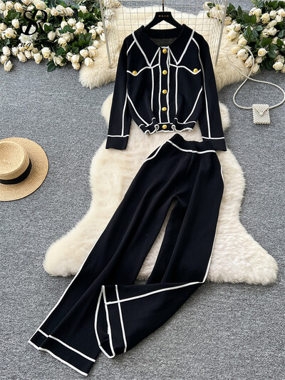 SINGREINY Senior OL Sieviešu divdaļīgi uzvalki, atloki, topi ar vienrindu + garas bikses ar augstu vidukli, vintage savārstījuma dizaina ziemas komplekti