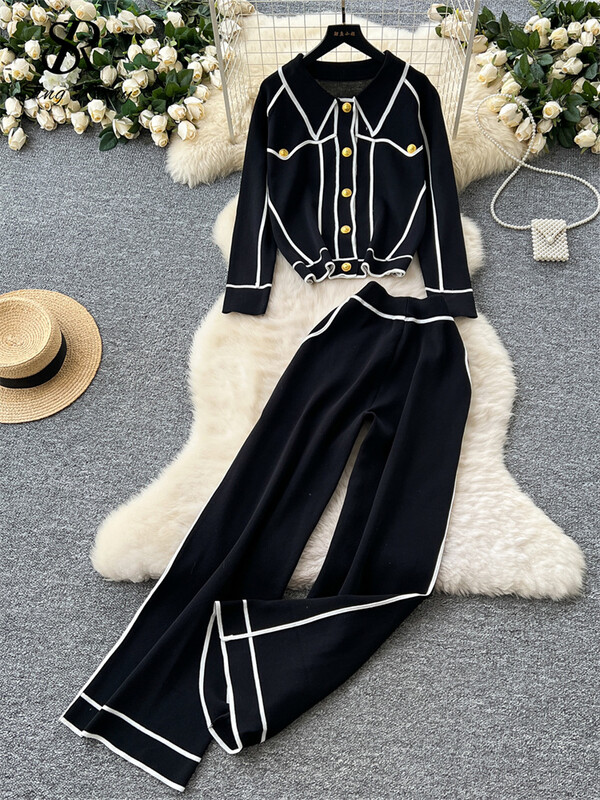 SINGREINY Senior OL Sieviešu divdaļīgi uzvalki, atloki, topi ar vienrindu + garas bikses ar augstu vidukli, vintage savārstījuma dizaina ziemas komplekti