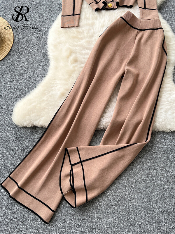 SINGREINY Senior OL Sieviešu divdaļīgi uzvalki, atloki, topi ar vienrindu + garas bikses ar augstu vidukli, vintage savārstījuma dizaina ziemas komplekti