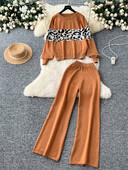 SINGREINY 2024 Есенни топли комплекти Дамски пуловери с пълни ръкави с леопардов принт + основни дълги панталони Ежедневни пуловерни плетени костюми