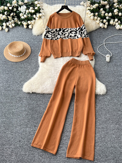 SINGREINY 2024 Есенни топли комплекти Дамски пуловери с пълни ръкави с леопардов принт + основни дълги панталони Ежедневни пуловерни плетени костюми