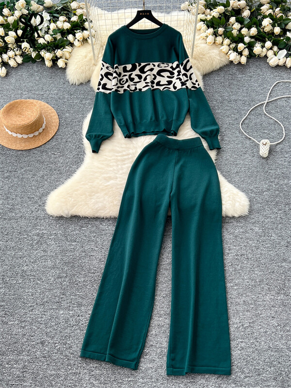 SINGREINY 2024 Есенни топли комплекти Дамски пуловери с пълни ръкави с леопардов принт + основни дълги панталони Ежедневни пуловерни плетени костюми