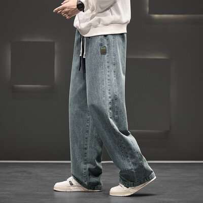 Rudens Jauns Plašs Kāju Mazgāšana Džins Bikses Vīriešu Bikses Neitrālas Vienkrāsainas Brīvas Ikdienas Straight Outdoor Modes Bikses Liels Izmērs 8xl