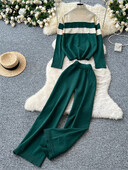 SINGREINY vintage modes džemperu kostīmi sieviešu bruņurupuču apkakli, svītru augšdaļa + platas kājas garas bikses 2024 ziemas ikdienas trikotāža, 2gab komplekti