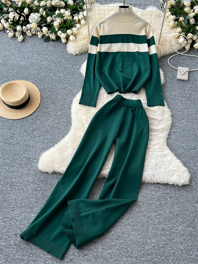 SINGREINY vintage modes džemperu kostīmi sieviešu bruņurupuču apkakli, svītru augšdaļa + platas kājas garas bikses 2024 ziemas ikdienas trikotāža, 2gab komplekti