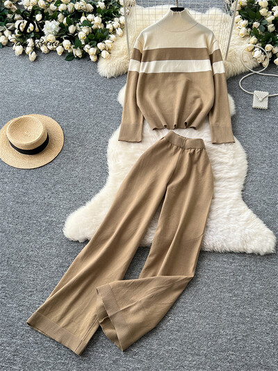 SINGREINY vintage modes džemperu kostīmi sieviešu bruņurupuču apkakli, svītru augšdaļa + platas kājas garas bikses 2024 ziemas ikdienas trikotāža, 2gab komplekti