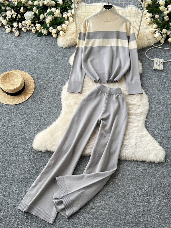 SINGREINY vintage modes džemperu kostīmi sieviešu bruņurupuču apkakli, svītru augšdaļa + platas kājas garas bikses 2024 ziemas ikdienas trikotāža, 2gab komplekti